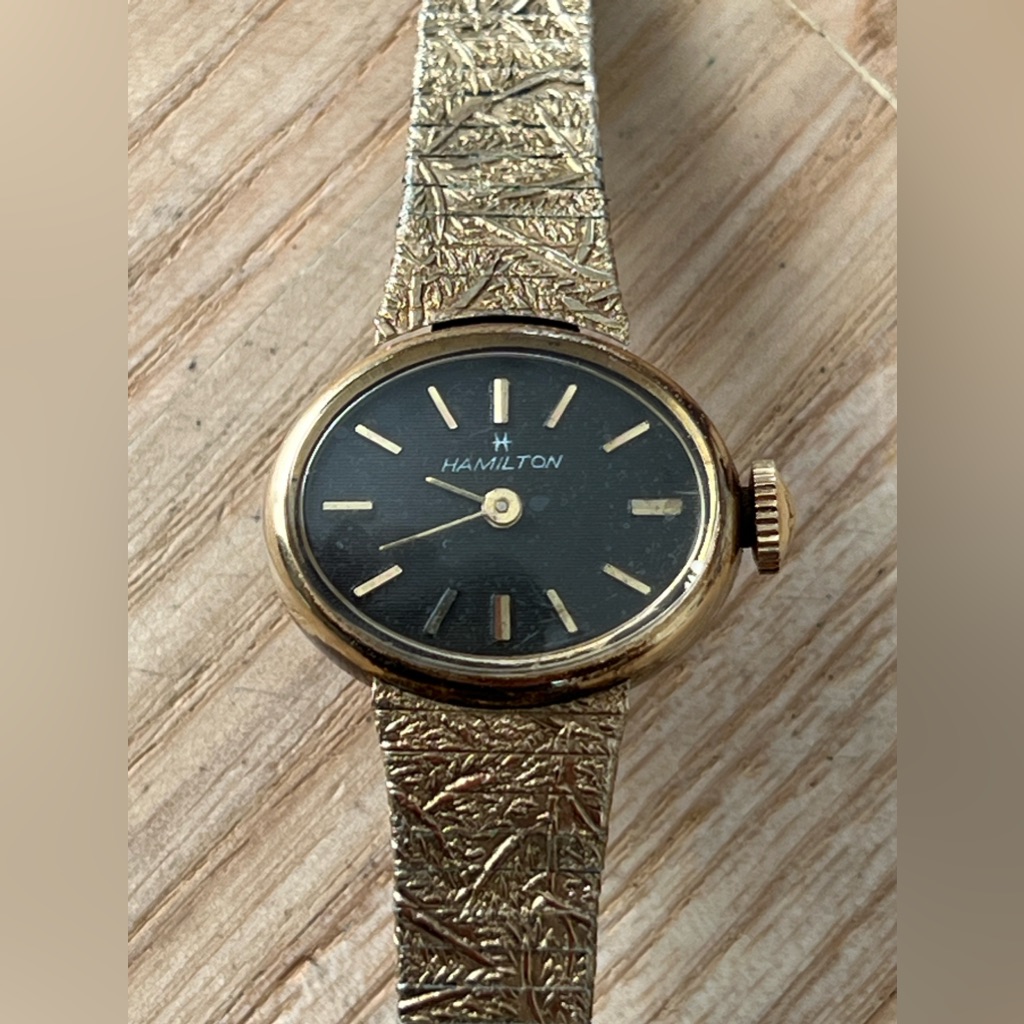Hamilton Rare Vintage Mechanical Ladies Watch Black Oval Dial Gold Bracelet
